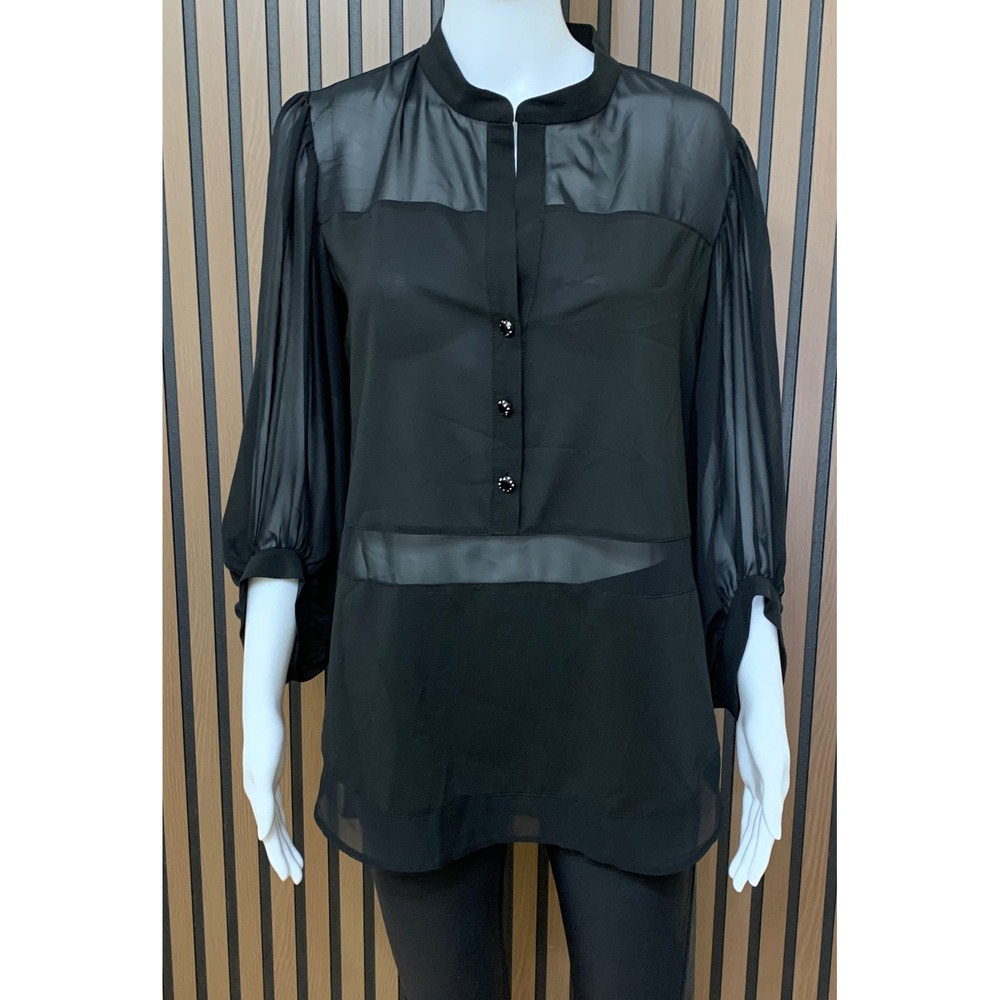 Joseph Ribkoff Black Sheer Mesh Panel Tunic Blouse Mock Neck Balloon Sleeve 6